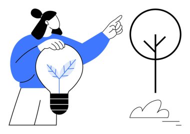 Elinde yaprak desenli ampul tutan bir adam, basit bir ağacı işaret ediyor. Sürdürülebilirlik, yenilik, yenilenebilir enerji, eko-bilinç, büyüme, yeşil teknoloji, basit iniş sayfasına odaklanın