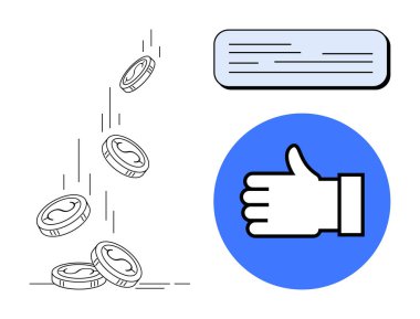 Bozuk paraların ve mesaj ikonunun yanında el hareketi yapmak. Finans, ödül, başarı, iletişim, e-ticaret, kullanıcı geribildirimi, basit iniş sayfası için ideal