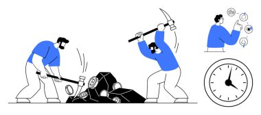 İşçiler taş, yan saat ve dijital analiz simgelerini kırmak için çekiç ve kazma kullanıyorlar. Takım çalışması, emek, zaman yönetimi, üretkenlik, madencilik, hedef belirleyici basit düz metafor