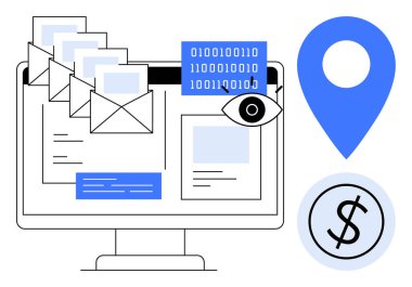 E- postaları, ikili verileri, göz simgesi, harita işaretleyicisi ve dolar işareti olan bilgisayar ekranı. İletişim için ideal, veri gizliliği, şifreleme çevrimiçi ödemeler analitik pazarlama teknolojisi. Basit düz