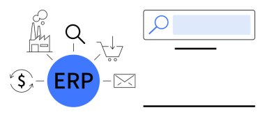 Fabrika simgeleri, büyüteç, el arabası, para birimi ve e-posta ile birlikte ERP merkezli konsept. İşlemler, yönetim, planlama, iş akışı optimizasyon analizleri için ideal