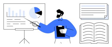 Pano tutan ve grafiği pasta ve çubuk grafiklerle gösteren bir adam. Açık kitap ve belgeler de dahil. Eğitim, iş, planlama, analiz, strateji, araştırma öğrenimi için ideal. Modern
