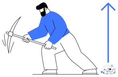Yukarı doğru giden okun yanında dinamik hareketlerle kazma tutan adam büyümeyi gösteriyor. İlerleme, sıkı çalışma, üretkenlik, madencilik, kararlılık, başarı, gelişim kavramları için ideal. Basit düz