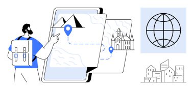 Sırt çantalı bir adam harita üzerinde dağ ve kale bulunan tablet kullanıyor. Lobutlar, dünya ve binalar. Seyahat, seyrüsefer, keşif, turizm, teknoloji macerası ve planlama kavramları için ideal