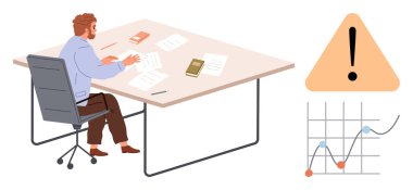 Masada oturan adam ünlem uyarı işareti ve veri tablosunun yanında belgeleri inceliyor. İş analizi, yönetim, risk, strateji, karar verme, sorun çözme, basit daire