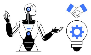 El sıkışma ve dişli ampullerle etkileşimde bulunan insan-başparmaklı robotlar yaratıcılık, işbirliği ve teknoloji gelişimini vurguluyor. Yapay zeka ve takım çalışması için ideal.