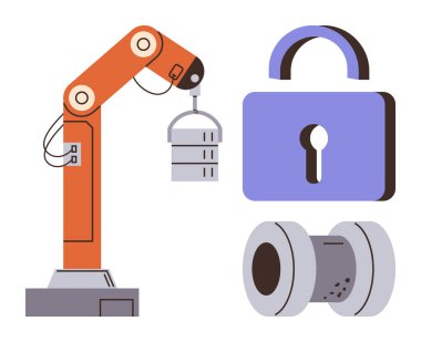 Robot kol kaldırma sunucusu, güvenlik kilidi ve endüstriyel makara. Teknoloji, otomasyon, siber güvenlik, endüstriyel imalat, veri yönetimi, IOT ve basit düz metafor için ideal