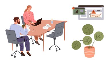 Profesyoneller bilgisayarlı, dosyalı ve kağıtlı bir masada veri odaklı kararları tartışıyorlar. Analiz için görsel uyarı riskleri vurguluyor. Takım çalışması, veri analizi, planlama, risk yönetimi için ideal