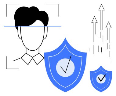 Yüz tanıma sistemi olan kişiler, kontrol işaretli kalkanlar ve yukarı bakan oklar. Teknoloji, biyometri, güvenlik, veri gizliliği, doğrulama yeniliği için ideal. Basit düz