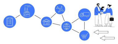 Teknolojiyi kullanarak üretim, depolama, nakliyat ve satın almanın doğrusal akışı. Lojistik, tedarik zinciri, takım çalışması, e-ticaret, yenilik süreci için ideal
