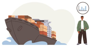 Okyanus dalgaları üzerinde istiflenmiş konteynırlar taşıyan kargo gemisi günlük kıyafetler içinde bir iş adamı ve lojistik, ticaret ve nakliyeyi sembolize eden bir bar çizelgesi. Ulaşım, iş ve analitik için ideal