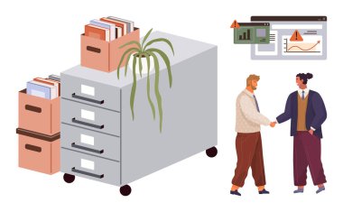 Dosya dolabının yanında el sıkışan iki profesyonel, kutu kutu doküman ve çizelgeler. Takım çalışması, veri analizi, ofis organizasyonu, profesyonel anlaşmalar, belge yönetimi için ideal