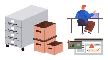 Ofis çalışanı dizüstü bilgisayarında veri zorluklarıyla karşı karşıya, dokümanlar, karton kutular, alarm simgeleri olan veri grafikleri. Veri yönetimi, organizasyon, iş akışı, analitik için ideal