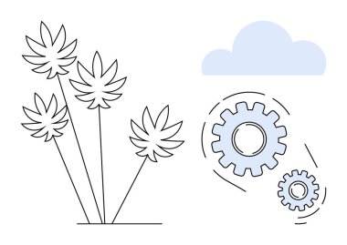 Palmiye bitkileri ve birbirine kenetlenmiş iki vites çevresini çevreleyen bir ışık bulutu, çevre dostu teknolojiyi simgeliyor. Sürdürülebilirlik, yenilik, teknoloji, tarım, çevre, büyüme, enerji için ideal