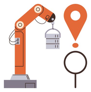 Robotik kol sunucuyu tutuyor, yanında konum iğnesi ve büyüteç unsurları var. Otomasyon, teknoloji, lojistik, yenilik, verimlilik, araştırma ve bağlantı kavramları için ideal