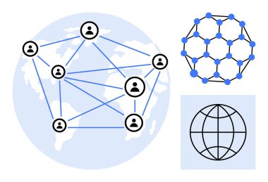 Kullanıcı simgeleri dünya haritası, küresel şebeke ve ağ yapısı boyunca çizgilerle bağlanır. İletişim, sosyal medya, küreselleşme, takım çalışması, teknoloji, ağ, veri alışverişi kavramları için ideal