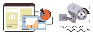 Grafikler, çizelgeler ve veri analiz araçlarının yanında güvenlik kamerası da var. Analiz, izleme, veri koruması, siber güvenlik, teknoloji mahremiyeti için ideal. Basit düz