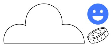 Bulutun minimalist çizgisi, gülümseyen mavi bir yüz ve bozuk para. Bulut servisi, finans, teknoloji, kullanıcı memnuniyeti, çevrimiçi depolama, maliyet verimliliği için ideal basit bir iniş sayfası