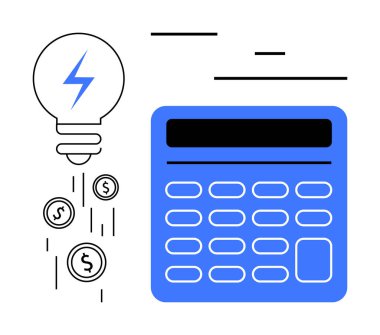 Üzerinde yıldırım işareti olan ampul mavi bir hesap makinesinin yanına bozuk para bırakıyor. Finans, tasarruf, enerji verimliliği, yatırım, çevre dostu çözümler, fatura, basit iniş sayfası için ideal