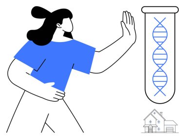 Test tüpünde DNA sarmalına doğru elini kaldıran kadın genetik, sağlık ve biyoteknolojiyi sembolize ediyor. Küçük ev illüstrasyonu da dahil. Sağlık, bilim, genetik, biyoloji araştırma merkezi için ideal