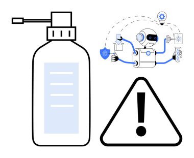 Dezenfektan şişesi, robot güvenlik görevleri ve uyarı üçgeni güvenlik, otomasyon ve hijyen. Sağlık, robot bilimi, teknoloji, güvenlik hijyen yeniliği risk yönetimi için ideal