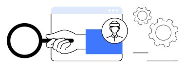 Tarayıcı arayüzü üzerinde el ele tutuşan büyüteç kullanıcı profili ve şanzıman, analiz konsepti. İşe alım, UX, arama, strateji, analitik, iş yönetimi için ideal, basit