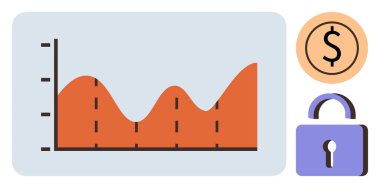 Finansal eğilimleri gösteren turuncu çizelge, güvenli kilit sembolü ve güvenlik, analitik ve ekonomik hedefleri simgeleyen dolar simgesi. Finans, analitik, güvenlik, planlama yatırımları için ideal