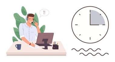 Kulaklığı bilgisayar üzerinde çalışan profesyonel bir saat animasyon zamanı odaklanma gösteriyor. İletişim için ideal, zaman yönetimi, üretkenlik, uzak çalışma, müşteri desteği, son teslim tarihi