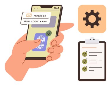 Parmak izi tarayıcılı akıllı telefon, güvenlik kodu mesajı, dişli ikonu ve pano kontrol listesi. Kimlik doğrulama, siber güvenlik, teknoloji, organizasyon, doğrulama için ideal