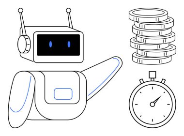 Robot kolu, bozuk para yığını ve kronometre entegre otomasyon, zaman yönetimi ve finansal verimlilik. Teknoloji, robot bilimi, fintech, verimlilik zaman tasarrufu yeniliği için ideal