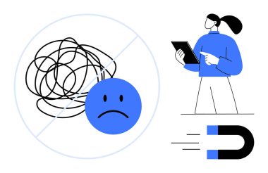 Tableti tutan kişi, mıknatıs çözeltileri çeker, birbirine dolanmış çizgileri olan mutsuz yüz. Problem çözme, organizasyon, zihniyet, zihinsel berraklık, takım çalışması, üretkenlik için ideal basit iniş sayfası