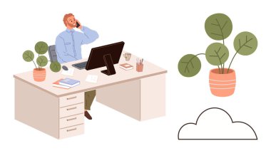 Ofis çalışanı masada oturmuş, telefonla bilgisayar, kırtasiye malzemeleri, kitaplar ve bitkilerle konuşuyordu. İş için ideal, verimlilik, iletişim, çalışma alanı uzaktan çalışma ofis yaşam tarzı basit düz