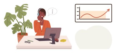 Kulaklık takan bir kadın, bir bitki ve yükselen büyüme grafiğiyle müşterilere yardımcı oluyor. İş desteği, iletişim, büyüme, müşteri hizmetleri, teknoloji, başarı ve uzak çalışma için ideal