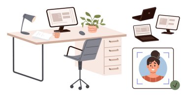 Masaüstü, sandalye, lamba, bitki ve kahve fincanı olan ofis masası. Dijital kimlik doğrulama ve çoklu aygıt bağlantısı. Uzaktan çalışma, teknoloji ve dijital güvenlik tanımlaması için ideal