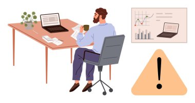 Masada oturmuş evrakları inceliyor, dizüstü bilgisayarı açık, elinde kahveyle. Bar çizelgesi ve uyarı üçgeni dikkat çekiyor. Üretkenlik, analitik, risk, odaklanma, iş-yaşam dengesi kararı için ideal