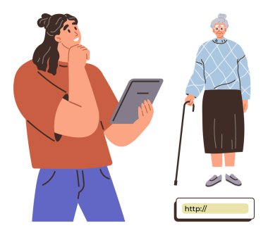 Tableti dikkatlice tutan kadın bastonlu yaşlı kadın ve internet erişimini simgeleyen URL çubuğu. Kıdemli bakım, teknoloji, çevrimiçi yardım, nesiller arası bağlantı için ideal