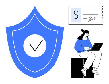 Kontrol işaretli büyük bir kalkan, dijital makbuz ve dizüstü bilgisayarda çalışan bir kadın. Teknoloji, finans, çevrimiçi güvenlik, doğrulama, e-ticaret mahremiyet güveni için ideal. Temiz, düz metafor