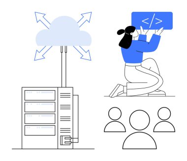 Bulut, kablolu sunucu kulesi, oklar, kodlama ekranı tutan programcı ve kullanıcı simgeleri. Teknoloji, geliştirme, bulut çözümleri, yazılım hizmetleri ekip işbirliği eğitimi için ideal
