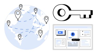 Noktalı çizgiler, güvenlik için anahtar bir sembol ve bir veri torpidosu ile bağlanmış lobutlarla dolu bir dünya. Siber güvenlik, ağ oluşturma, küresel iletişim, veri yönetimi, teknoloji, çevrimiçi için ideal