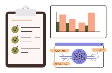Tamamlanmış görevlere sahip kontrol listesi, veri görselleştirme için çubuk grafiği ve atomik sembolle kodlama arayüzü. Analiz, veri bilimi, programlama, araştırma, proje yönetimi ve planlama için ideal