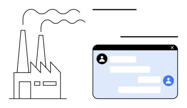 Sohbet penceresinin yanında mesaj değişim simgeleri gösteren duman yayan bir fabrika. Sanayi işbirliği, iş akışı entegrasyonu, dijital araçlar, iletişim, yenilik, üretkenlik, basit
