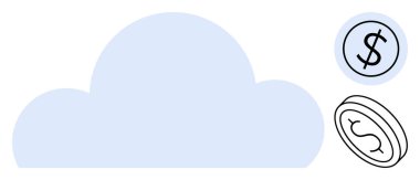 Büyük bulut elementi, içinde dolar işaretleri olan yüzen madeni paralar. Finans, teknoloji, bulut hesaplama, dijital ekonomi, tasarruf, yatırım ve maliyet analizi için ideal. Basit düz metafor