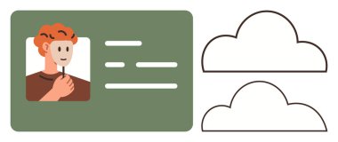 Profil fotoğrafı, yer tutucu metni ve iki bulut taslağı içeren kimlik kartı. Güvenlik, kimlik, ağ, veri depolama, belgelendirme teknolojisi bağlantısı için ideal. Basit düz metafor