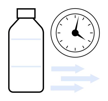 Saatin yanında, hareket ve verimliliği gösteren oklar olan bir şişe ana hatları. Zaman tasarrufu, verimlilik, verimlilik, dağıtım, lojistik, optimizasyon ve akış için ideal. Basit düz metafor