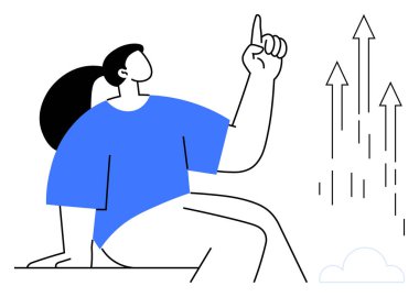 Kendine güvenen bir kadın, yukarı bakan oklar ve bir bulut ile yukarı bakıyor. Büyüme, ilerleme, başarı, gelecek, arzu, strateji kariyer gelişimi için idealdir. Basit düz metafor iletiliyor