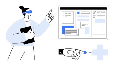 VR kulaklıklı kişi dijital arayüzle el hareketleriyle etkileşime geçiyor. Teknoloji, yenilik, sanal gerçeklik, yapay zeka, UIUX, sağlık hizmetleri, dijital dönüşüm için ideal