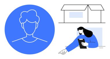 Elinde bir pano tutan ve bir ev taslağı ve mavi profil ikonu tarafından çerçevelenmiş bir görevi işaret eden kadın işçi. Takım çalışması, gayrimenkul, inşaat, planlama, adam toplama, profil oluşturma için ideal