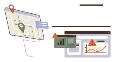 Konum lobutları ve gösterge paneli olan harita analitik ve uyarıları gösteriyor. Navigasyon, veri izleme, analiz, jeotagasyon, sistem alarmı, teknolojik çözümler, yer belirleme için ideal. Basit düz metafor