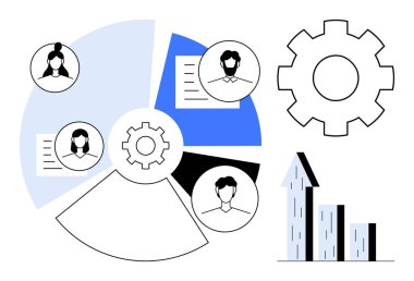 Profil simgeleri, belgeler ve takım işbirliği ve iş akışını vurgulayan bir dişli sembolü içeren pasta grafiği. Büyüme grafiği ilerlemeyi yansıtır. Takım çalışması, organizasyon, planlama, strateji için ideal