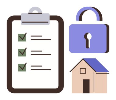 Kontrol listeli pano, kilitli bir asma kilit ve güvenlik, güvenlik önlemleri, ev koruması, planlama, uyum, sorumluluk ve organizasyonu resmeden bir ev. Risk yönetimi güvenliği için ideal